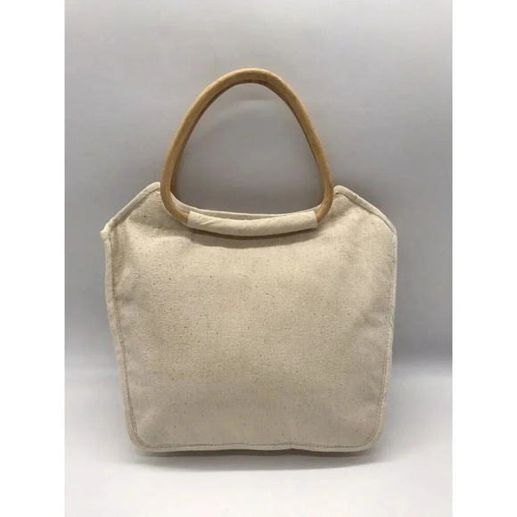 Handmade Canvas Clutch Purse‎ Embroidered Bamboo Handles Tote Bag Boho Cottage - Picture 2 of 14